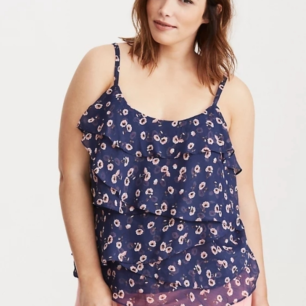 Torrid Blue Pink Floral Ruffle Chiffon Banded Bottom Sleeveless Camisole Top